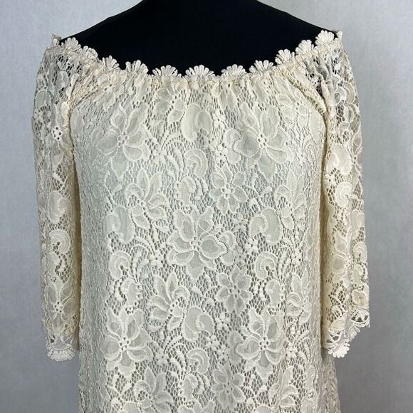 Umgee Womens Lace Off Shoulder Natural Cream Ivory Mini Dress Sz Medium Lined - Picture 2 of 11